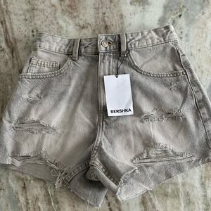 Bershka Light Gray Ripped Jean Shorts